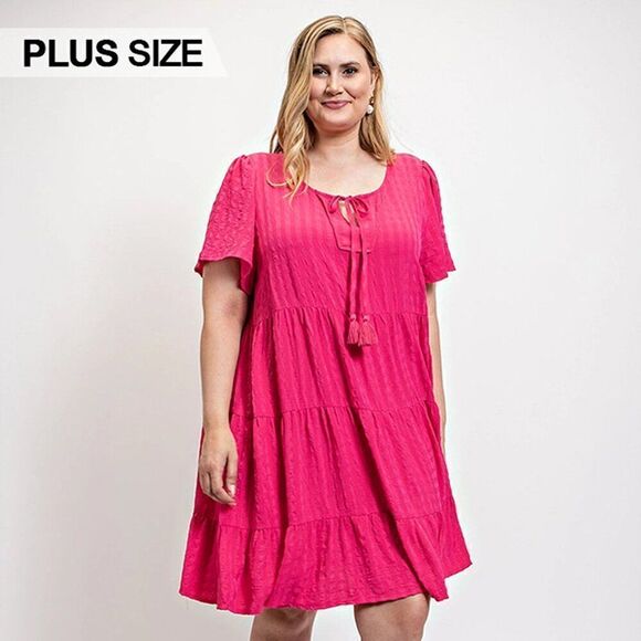 Plus Size Textured Woven Tiered Dress With Tassel Tie And Pockets - Picture 1 of 4